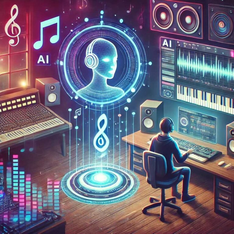 Futuristic studio with human music producer and AI assistant working together, representing AI for music production