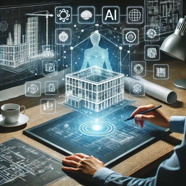Architect using AI for architecture to generate 3D models, optimize structures, and select sustainable materials in a futuristic design studio