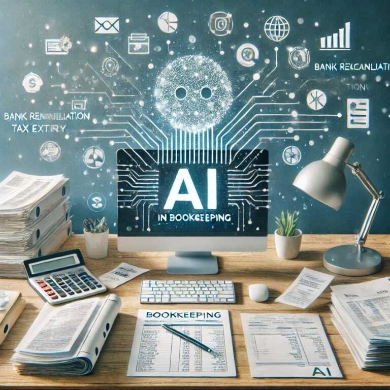 Desk with financial documents and computer running AI for bookkeeping software automating expense tracking and invoice management