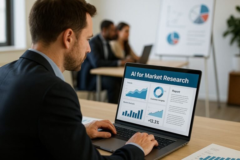 Professional reviewing AI-generated market research data on a laptop with charts, graphs, and insights in a modern office setting