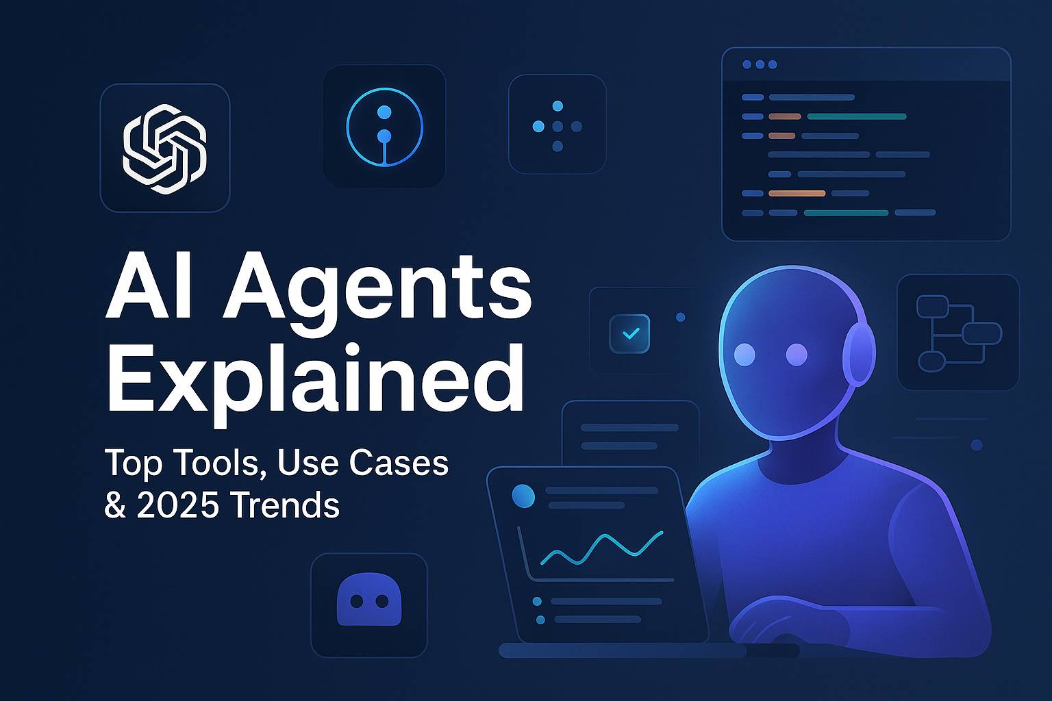 Promotional banner for blog post 'AI Agents Explained: Top Tools, Use Cases & Trends Shaping 2025' featuring futuristic UI elements and digital agent concept