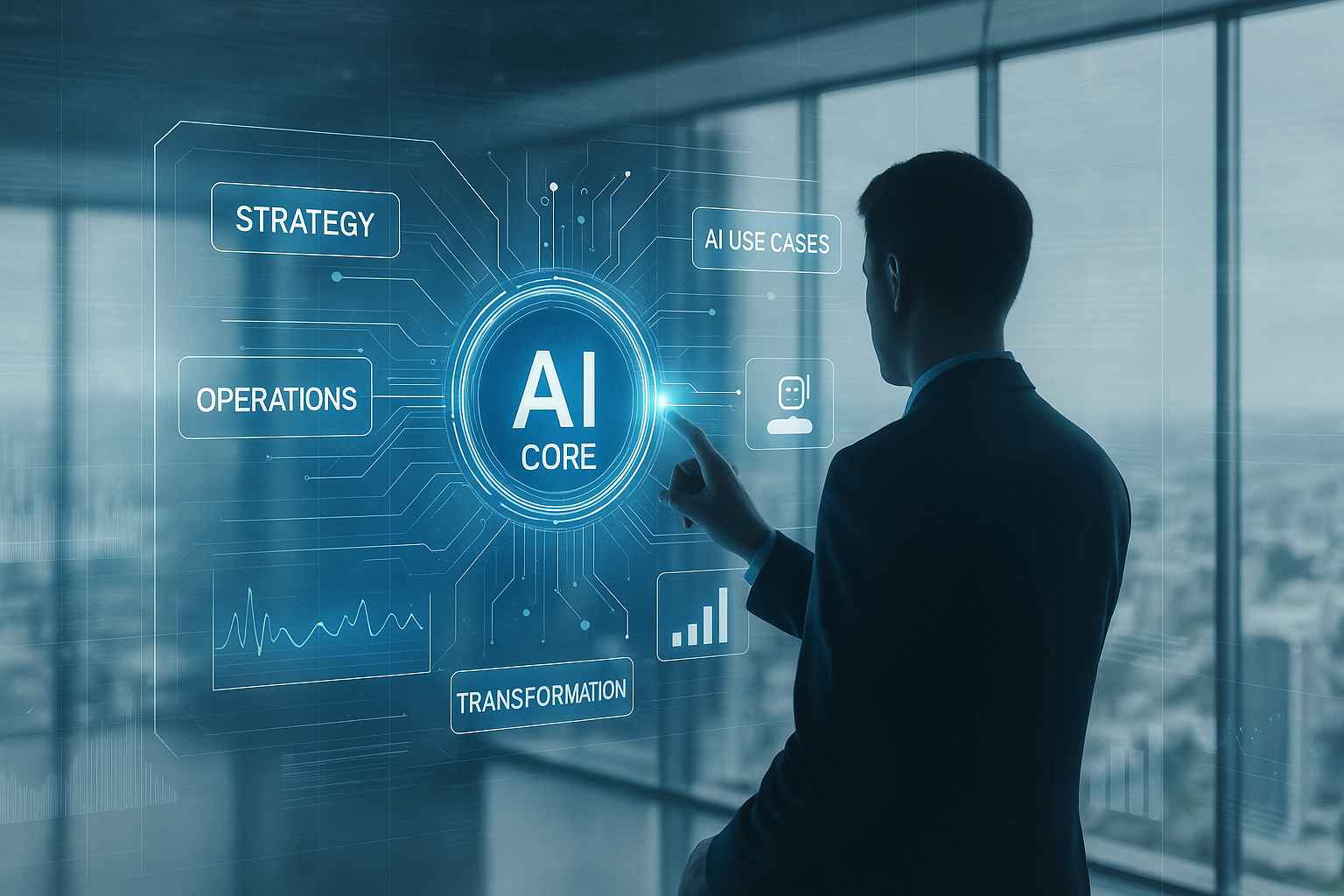 Futuristic AI interface in a modern office showing strategy, operations, and AI use cases, symbolizing an AI specialist guiding organizations through digital transformation.