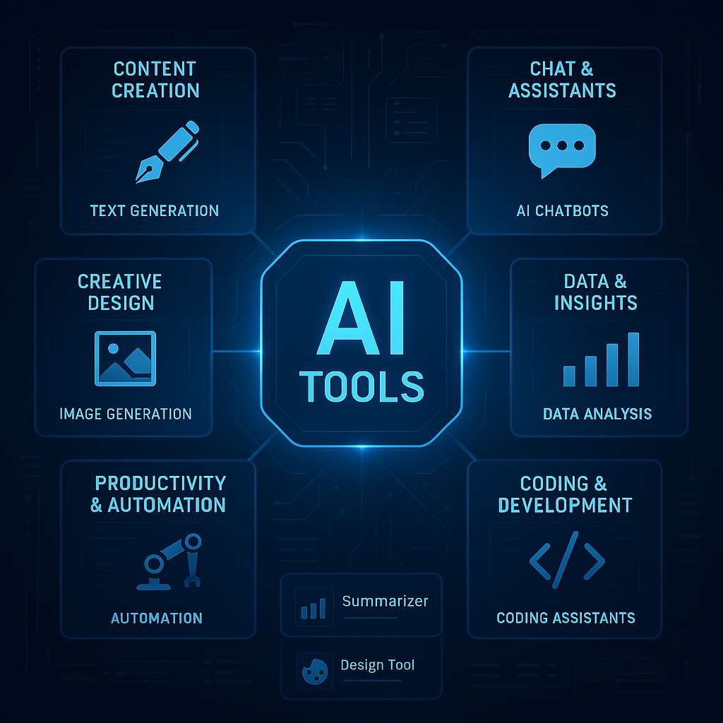 Futuristic AI tools dashboard showcasing categories like content creation, chat assistants, automation, coding, and data insights, all connected in a glowing high-tech interface.