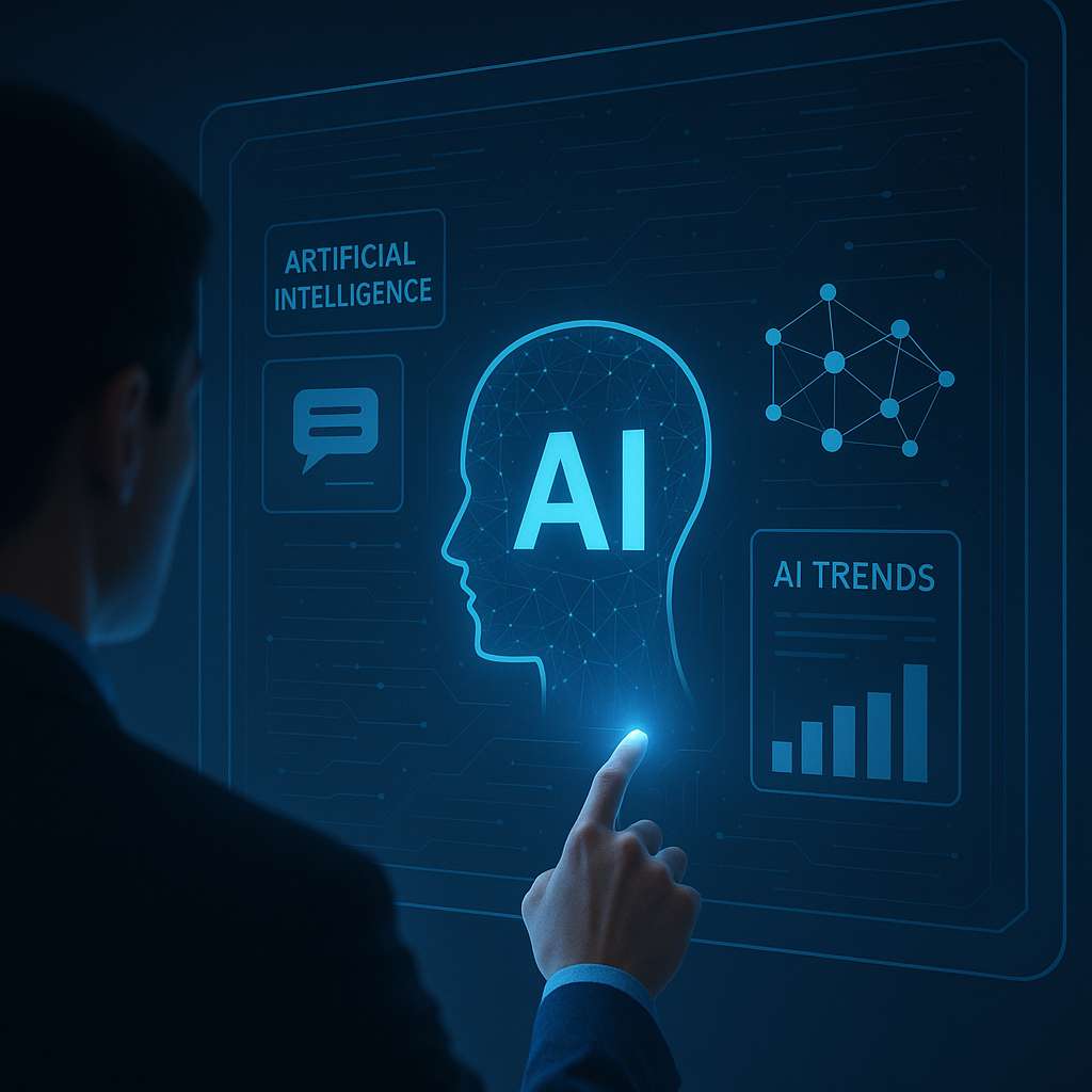 Professional holographic interface displaying artificial intelligence trends, neural networks, and AI breakthroughs with a person interacting on screen.