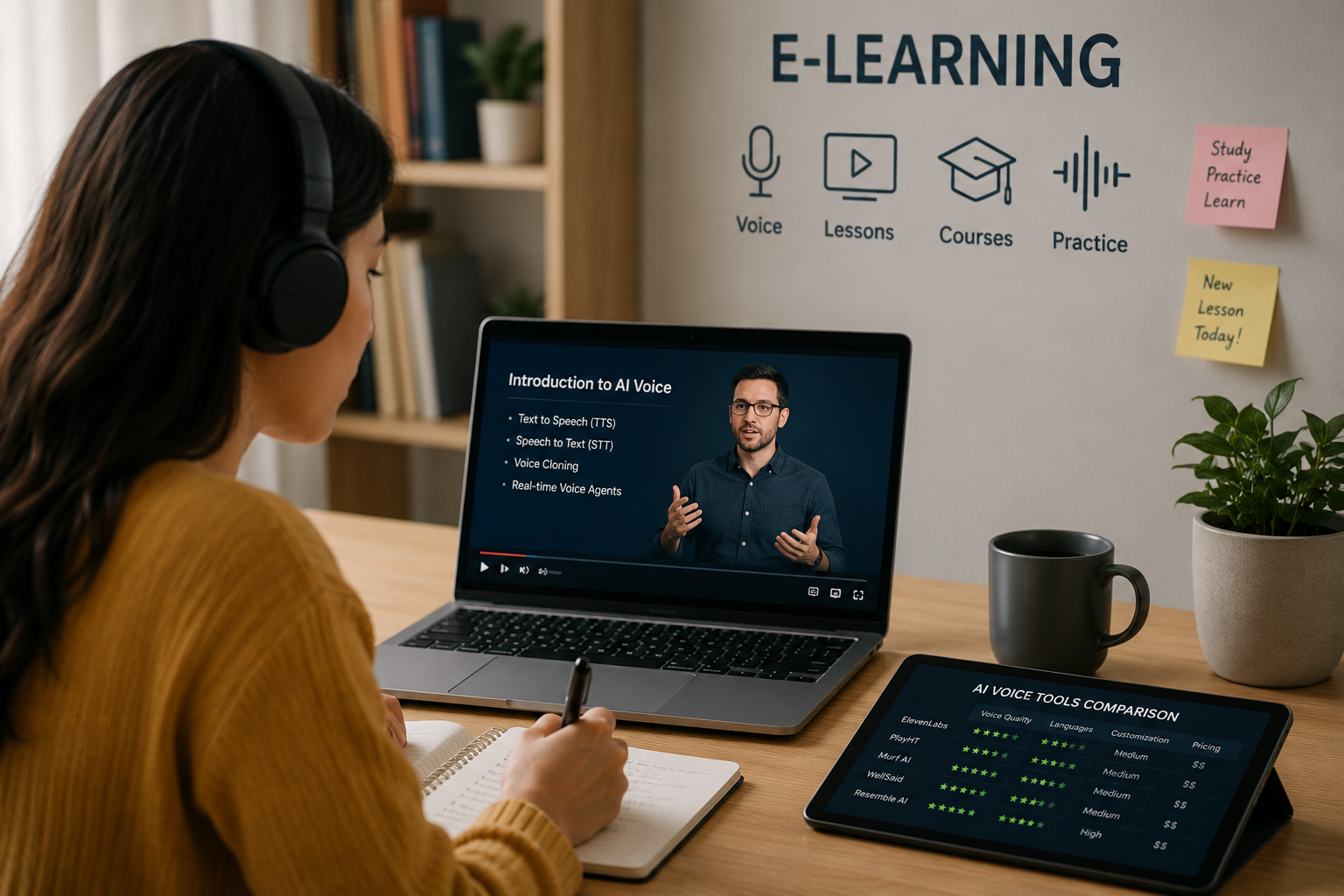 Student watching an AI voice e-learning course video on a laptop, with an AI voice tools comparison chart open on a nearby tablet