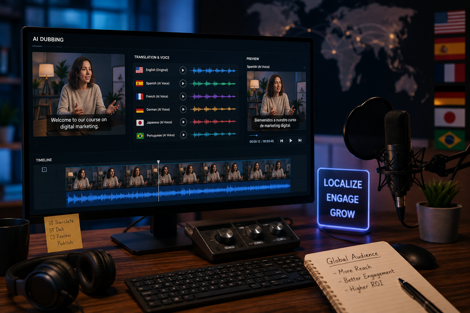 AI dubbing software interface showing a video timeline with translated voice tracks in Spanish, French, German, Japanese, and Portuguese