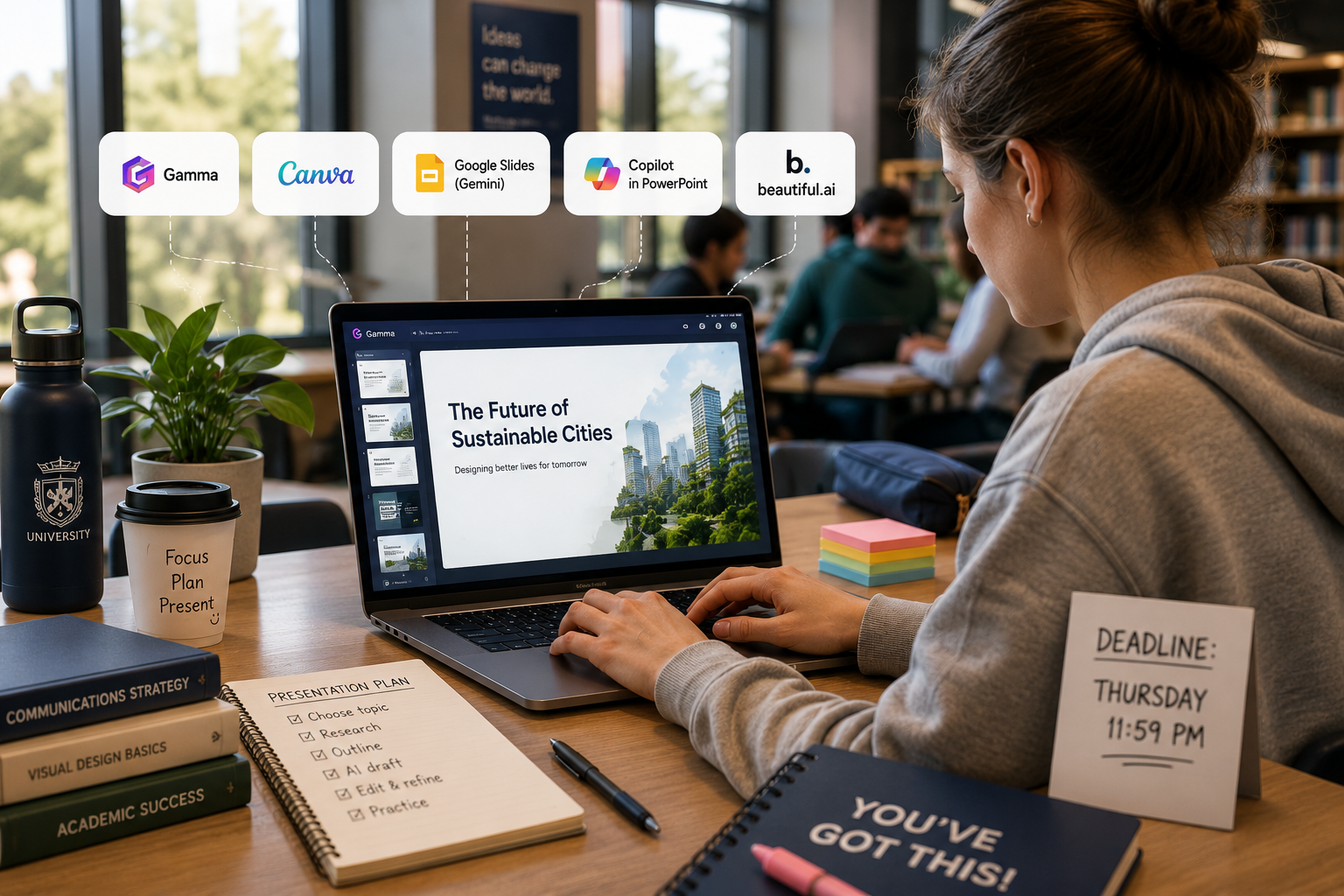 University student building an AI presentation on a laptop in a library, with popular AI slide-tool logos floating above