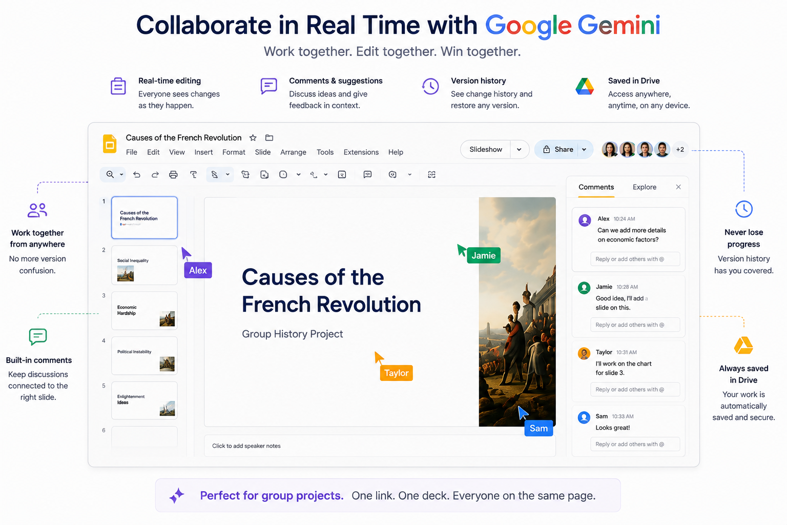 Google Slides mockup showing several students co-editing a deck in real time, with a comments panel