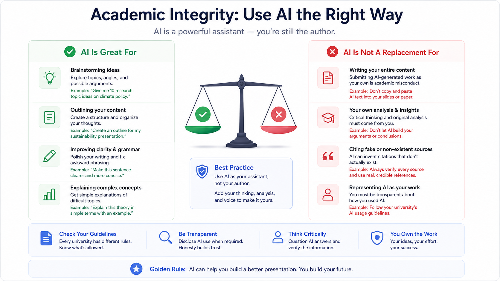 Academic integrity guide comparing what AI is good for versus what students must still do themselves