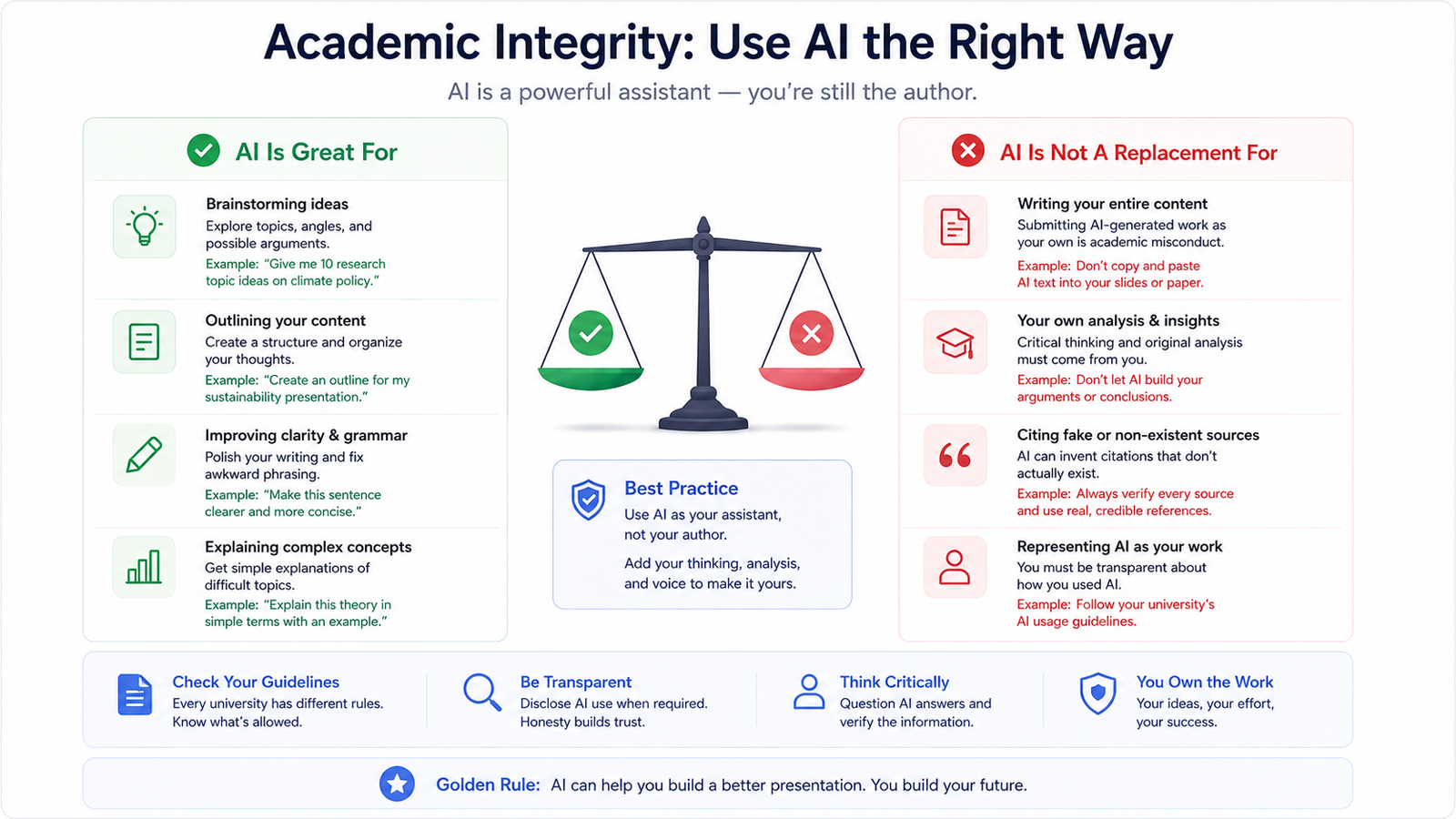 Academic integrity guide comparing what AI is good for versus what students must still do themselves