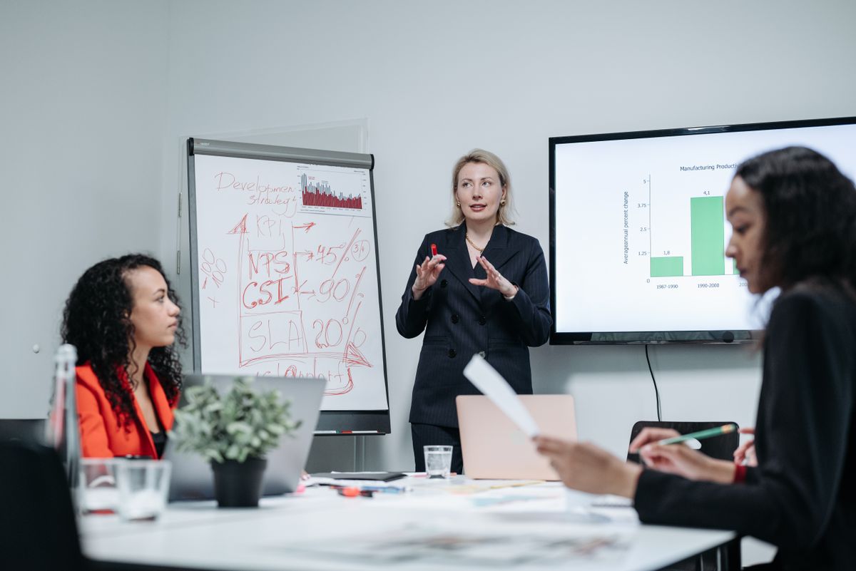 A team reviewing a business case study presentation in a meeting