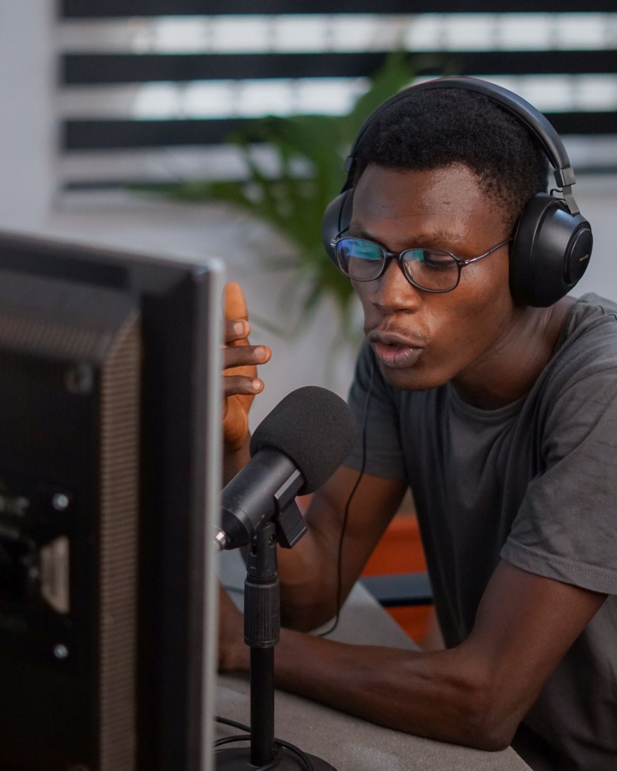 A narration and audio setup with headphones and a microphone for adding voiceover