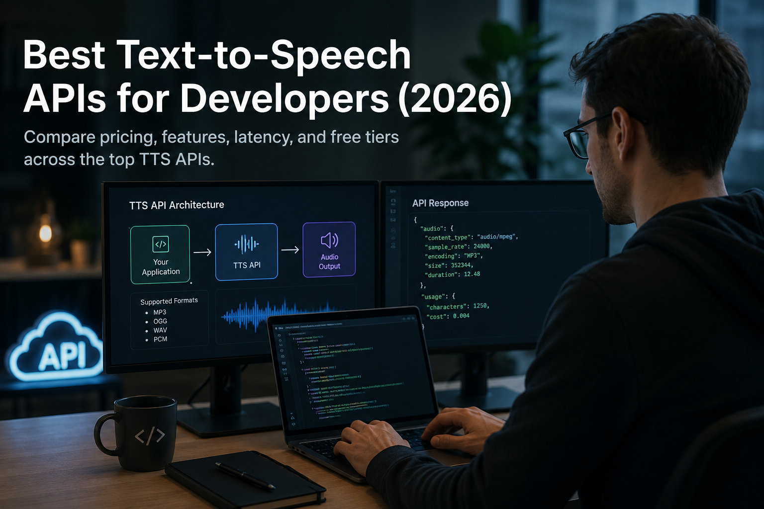 Developer at a dual-monitor desk reviewing a text-to-speech API architecture diagram and a JSON API response showing audio format, duration and cost