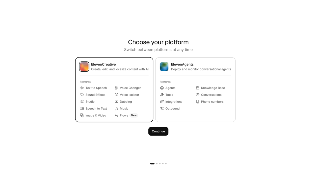 The ElevenLabs signup screen asking the user to choose between the ElevenCreative and ElevenAgents platforms, with each platform's feature list shown.