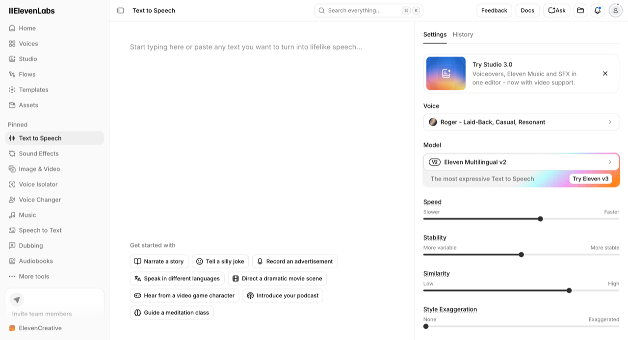 The ElevenLabs Text to Speech editor with an empty text area, starter prompt buttons, and a settings panel showing voice, model, speed, stability, similarity and style exaggeration controls.