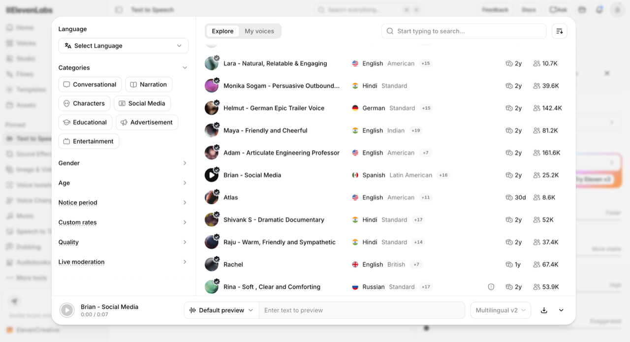 The ElevenLabs voice library browser showing category filters for conversational, narration, characters, social media, educational, advertisement and entertainment, alongside a list of voices with language, accent, age and usage counts.