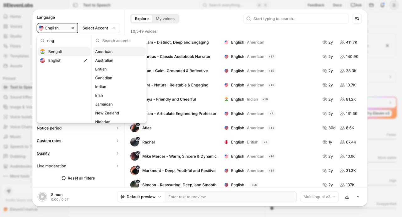 The ElevenLabs voice library with the English language filter applied, showing 10,549 voices and an open accent dropdown listing American, Australian, British, Canadian, Indian, Irish, Jamaican, New Zealand and Nigerian.