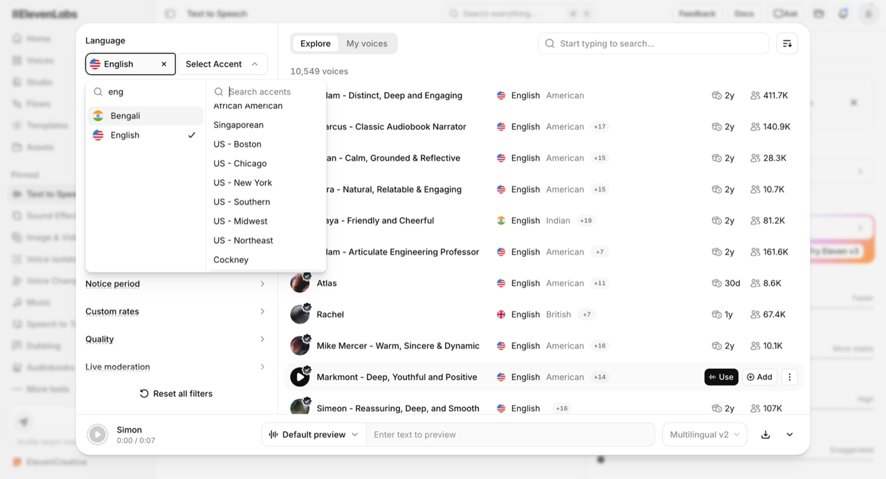 The ElevenLabs accent filter scrolled down to show African American, Singaporean, US-Boston, US-Chicago, US-New York, US-Southern, US-Midwest, US-Northeast and Cockney accent options.