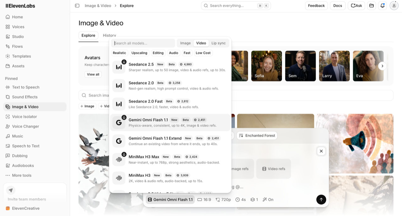 The ElevenLabs Image and Video model picker in Video mode, listing Seedance 2.5 at 4,980 credits, Seedance 2.0 at 3,258, Seedance 2.0 Fast at 2,612, Gemini Omni Flash 1.1 at 2,451, MiniMax H3 Max at 2,424 and MiniMax H3 at 3,939.
