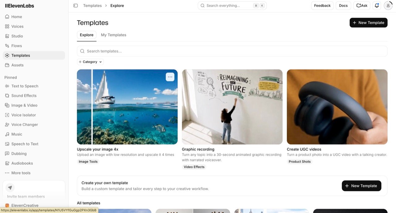 The ElevenLabs Templates gallery showing featured templates for upscaling an image 4x, creating a graphic recording video, and generating UGC videos, with a button to create a custom template.