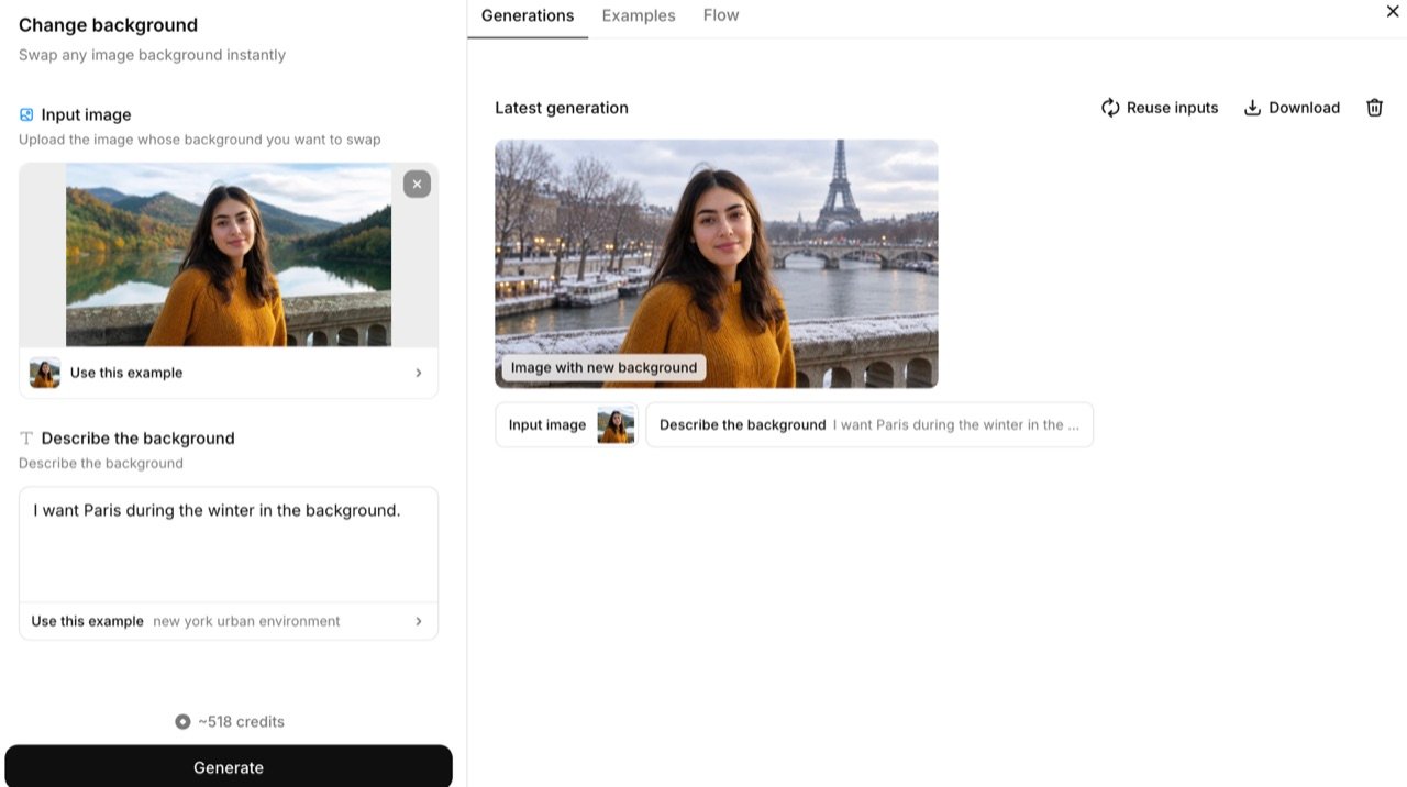 The ElevenLabs Change background template with an input portrait on the left and the generated result on the right, showing the subject placed in front of the Eiffel Tower and a snow-covered Seine embankment.