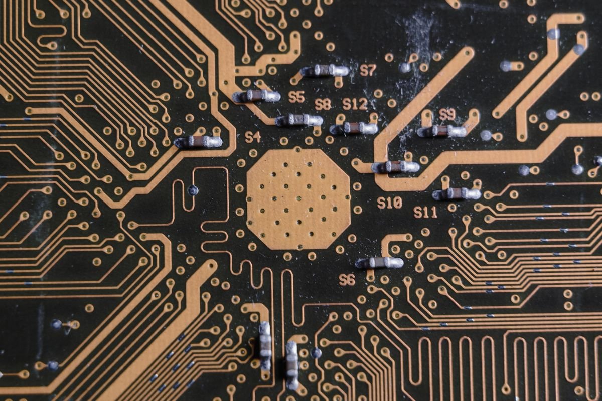 Close-up of an integrated circuit chip mounted on a printed circuit board