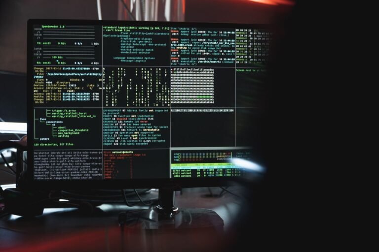 A monitoring terminal showing system logs, network throughput and process statistics