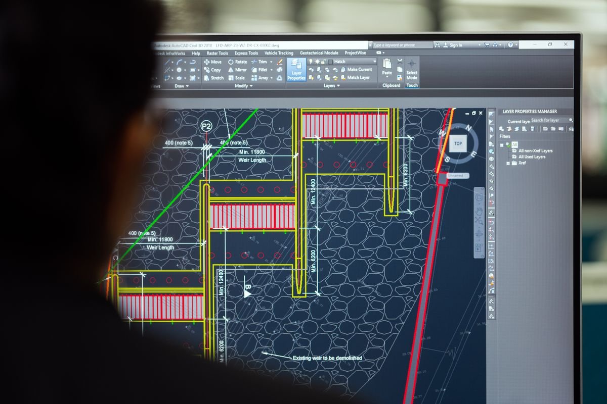 Engineer working on a technical drawing in CAD software on a computer
